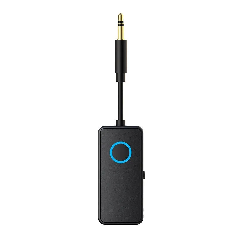 Black Bluetooth 5.4 audio adapter with a 3.5mm plug for wireless streaming to car stereos and headphones