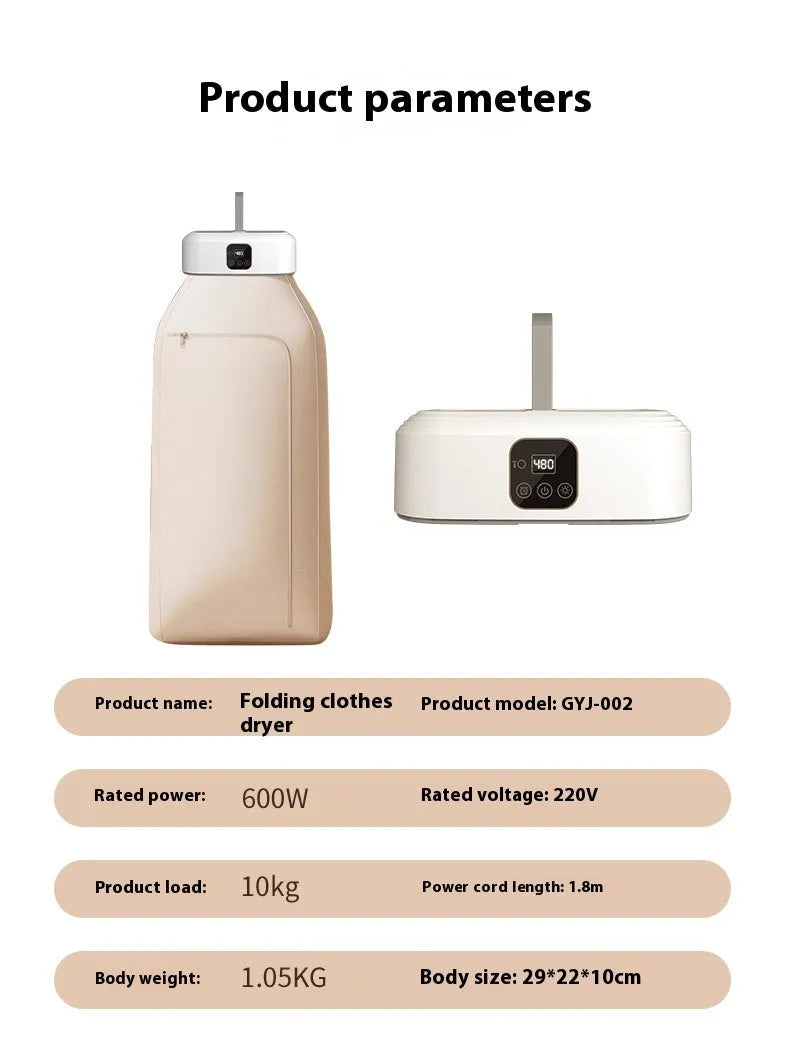 White cylindrical compact laundry dryer with remote control on countertop