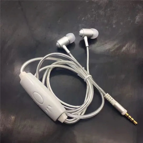 Blue LED light-up earphones with 3.5mm plug and inline remote microphone for iPhone and Android phones.