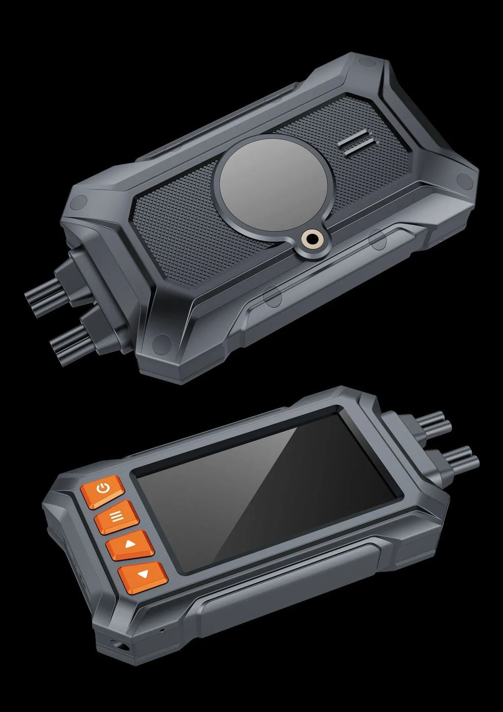 Motorcycle dash cam system with dual lenses, 3-inch display, GPS module, and mounting accessories.