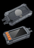 Motorcycle dash cam system with dual lenses, 3-inch display, GPS module, and mounting accessories.