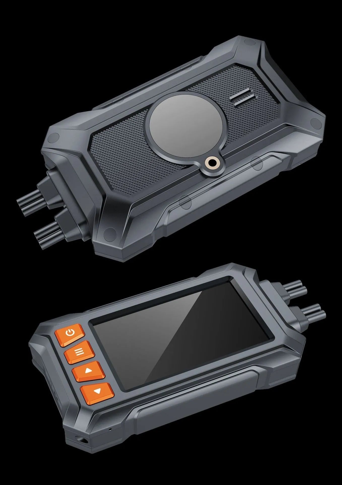 Motorcycle dash cam system with dual lenses, 3-inch display, GPS module, and mounting accessories.