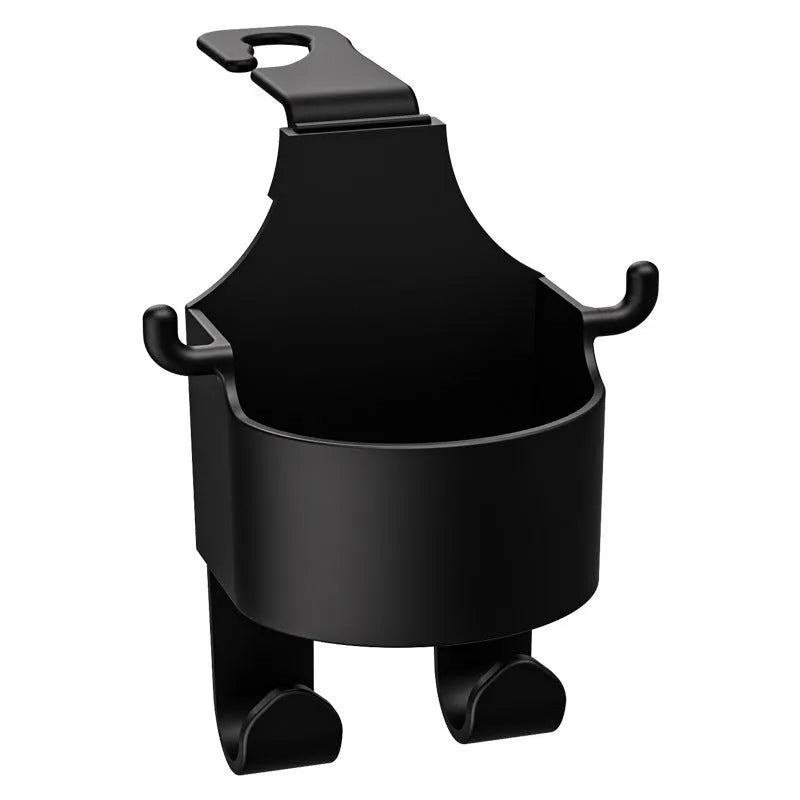 Black plastic car seat back organiser with cup holder and hook measuring 8.5 × 7.1 × 14.4 cm