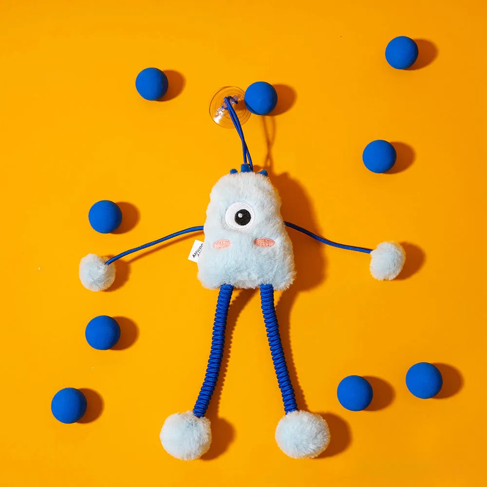 Blue plush telescopic elastic cat toy with a metal mint bell on a 30cm elastic rope.
