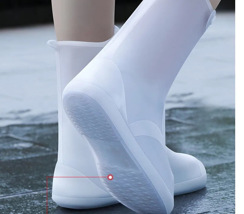 Women's reusable white PVC waterproof high-top shoe covers for outdoor rain protection