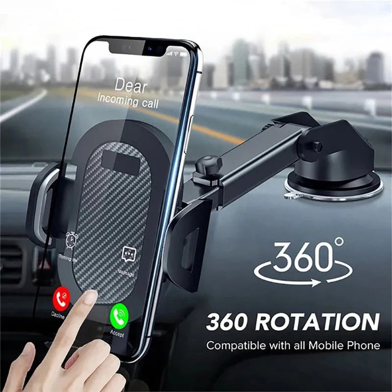 Black ABS and EVA car phone holder mounted on a windscreen, suitable for mobile phones between 4.0 and 7.0 inches.