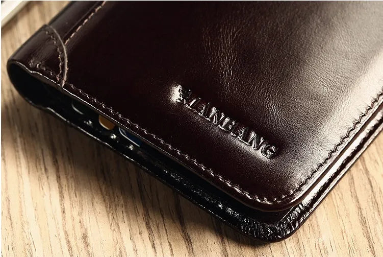Men's leather wallet open showing card slots, coin pocket, photo window, and document holder in black or brown