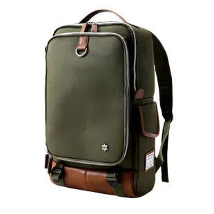 Modern men's Oxford cloth backpack in army green colour, showing large main compartment.
