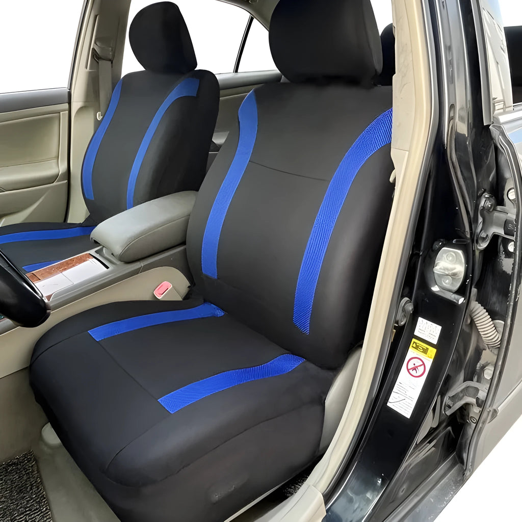 Universal polyester eyelet fabric car seat cover set in black, blue, grey or red with sponge backing.
