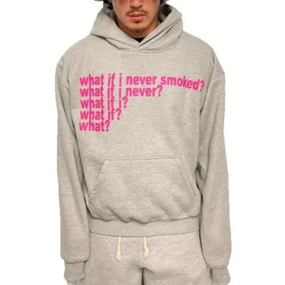 Black hooded sweater with white letter print design, showing front view with hood up