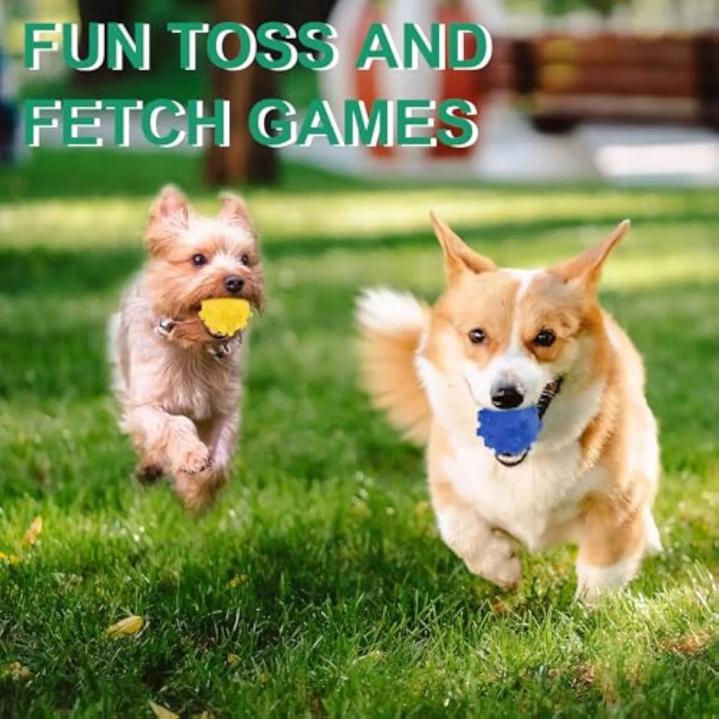 Four bright coloured spiky dog balls with paw print dimples, 2-inch diameter for small breed puppies