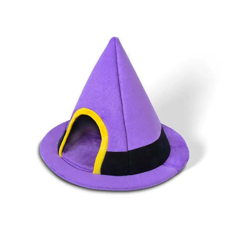 Purple Halloween witch hat shaped cat nest bed measuring 60x45cm with cloth fabric