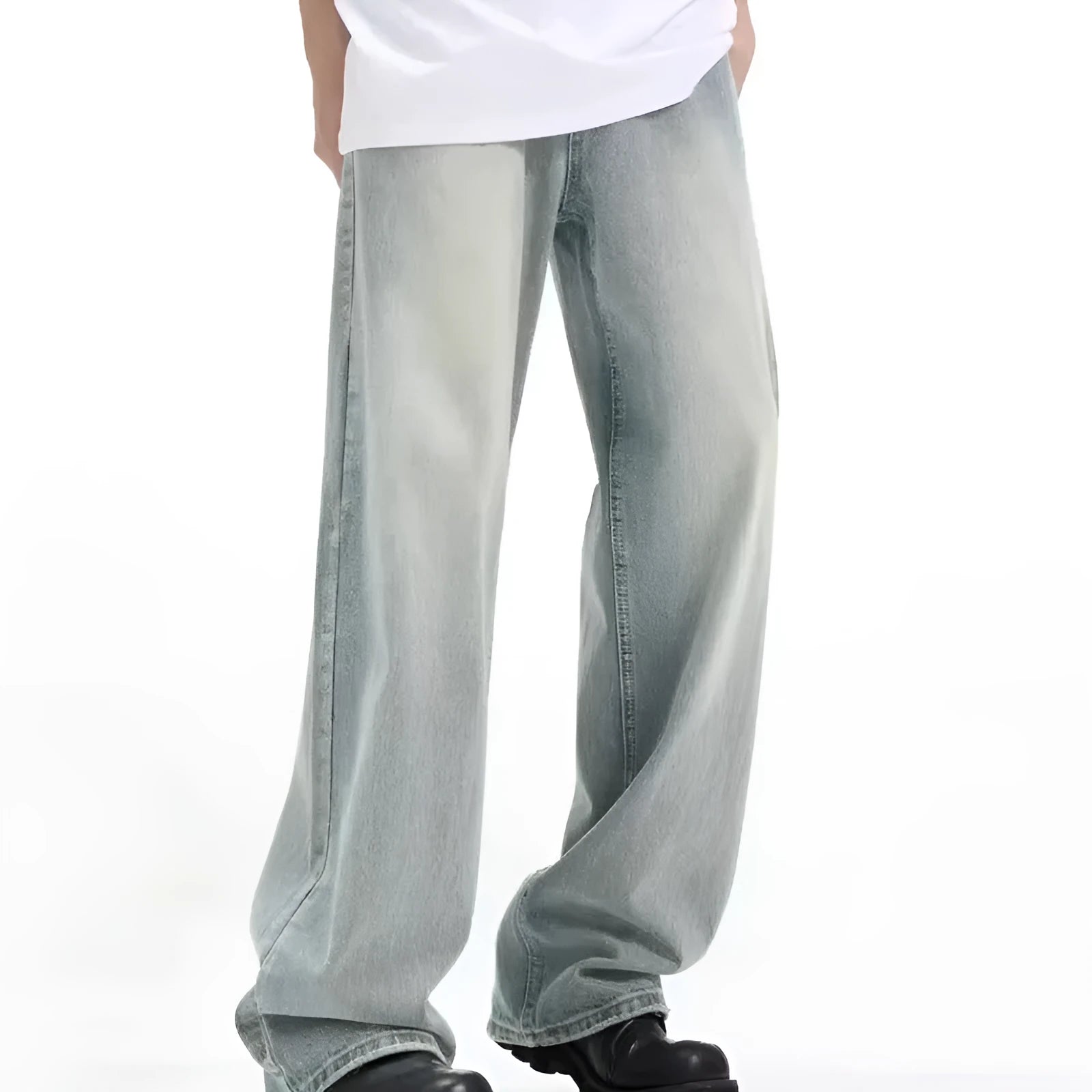 Blue retro loose-fit casual trousers with an elastic waistband, made from rabbit fur fabric.
