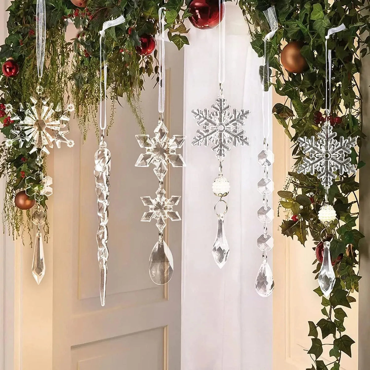 10pcs clear acrylic ice cone Christmas tree ornaments with ribbon for Xmas ceiling and home decor