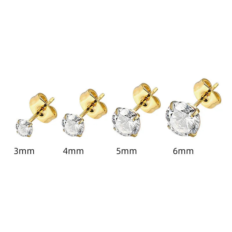 Titanium steel geometric square zircon stud earrings in gold and steel colours with size options from 2mm to 8mm.