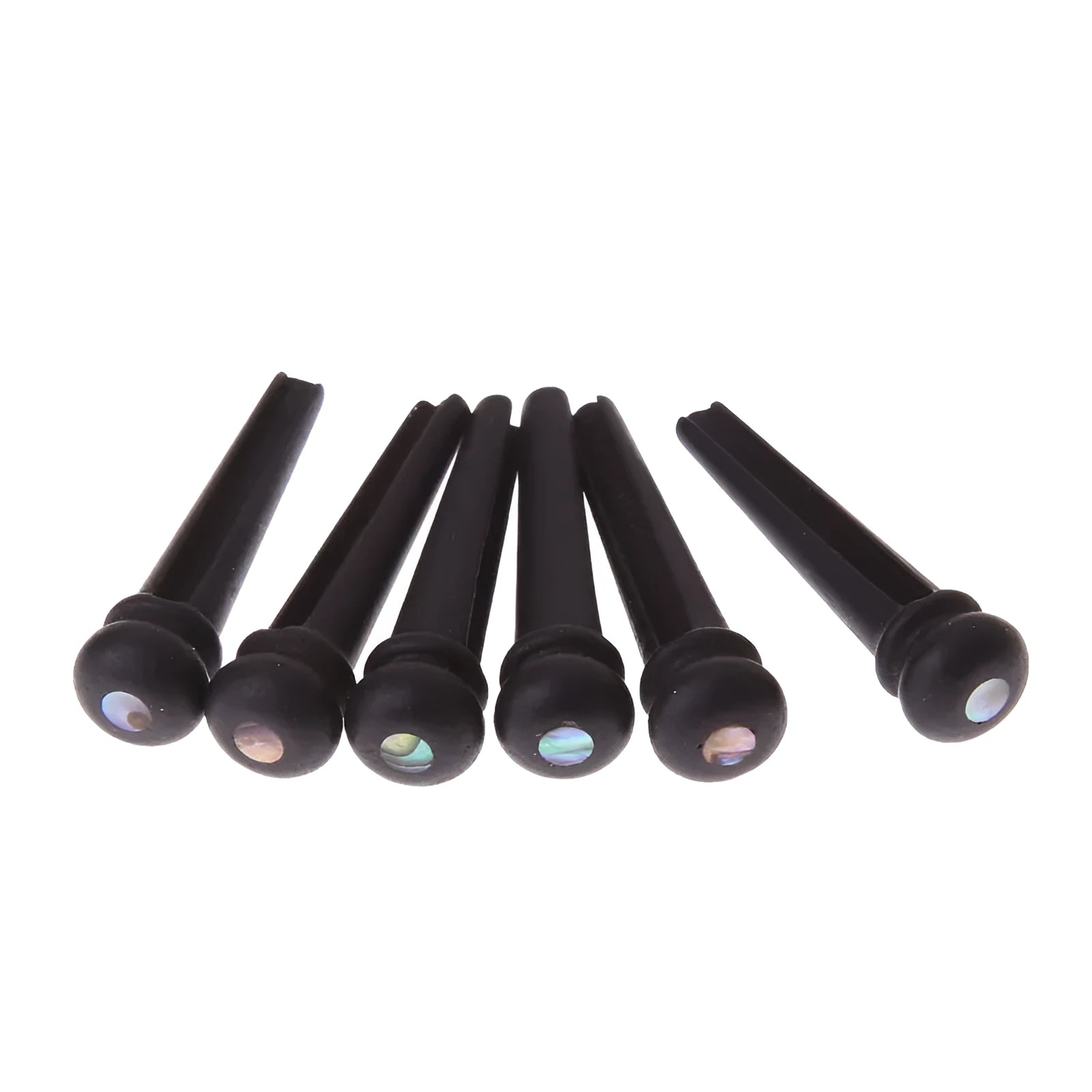 Set of six matt black ebony guitar bridge pins with 5.3mm diameter for folk acoustic guitars.
