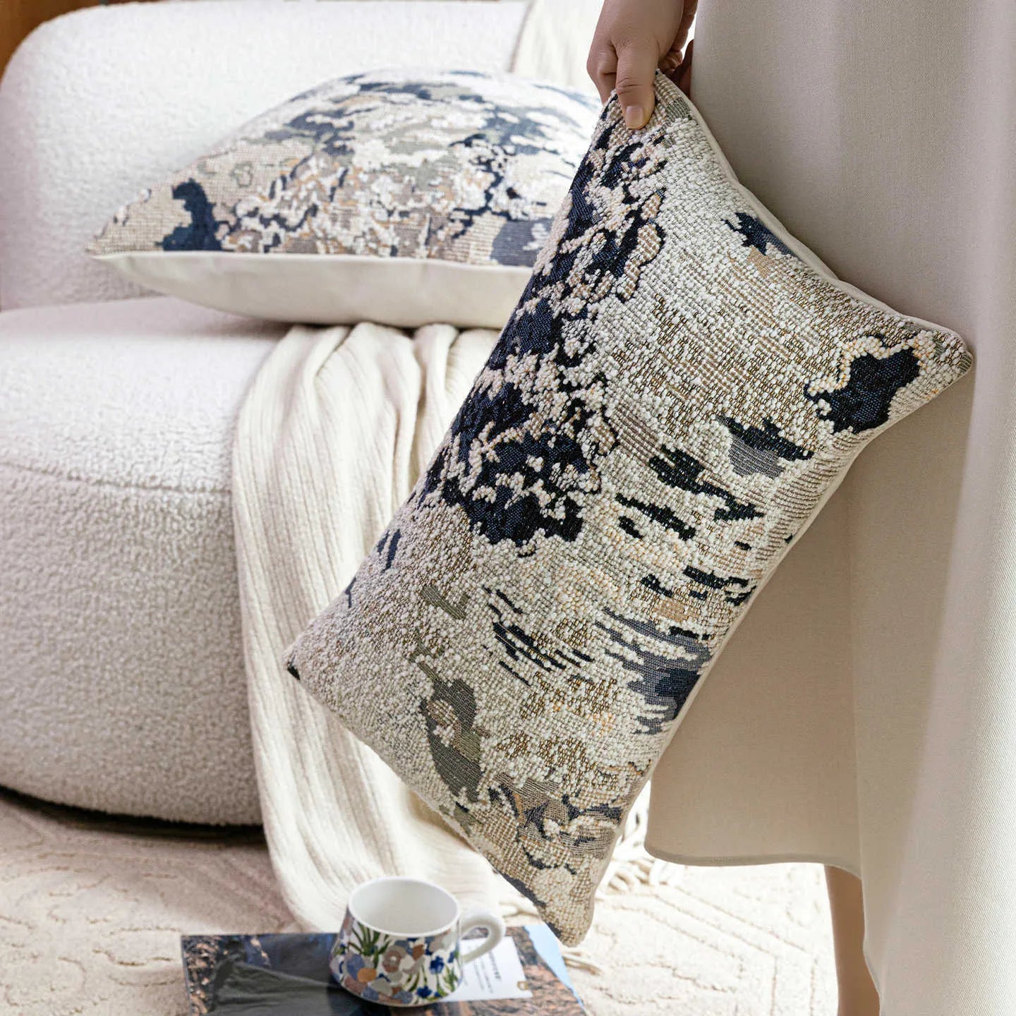 Chinese style blue floral decorative cushion pillow with feather velvet core in square and waist pillow sizes