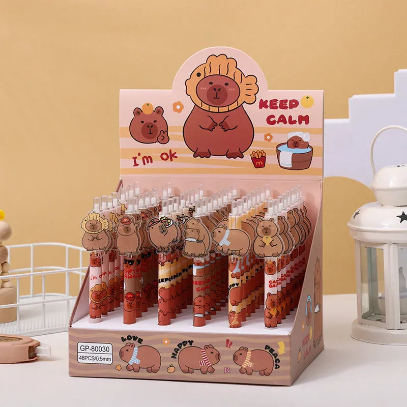 Cartoon bear acrylic paster pressing gel pen set with 48 plastic shell pens in carbon black ink