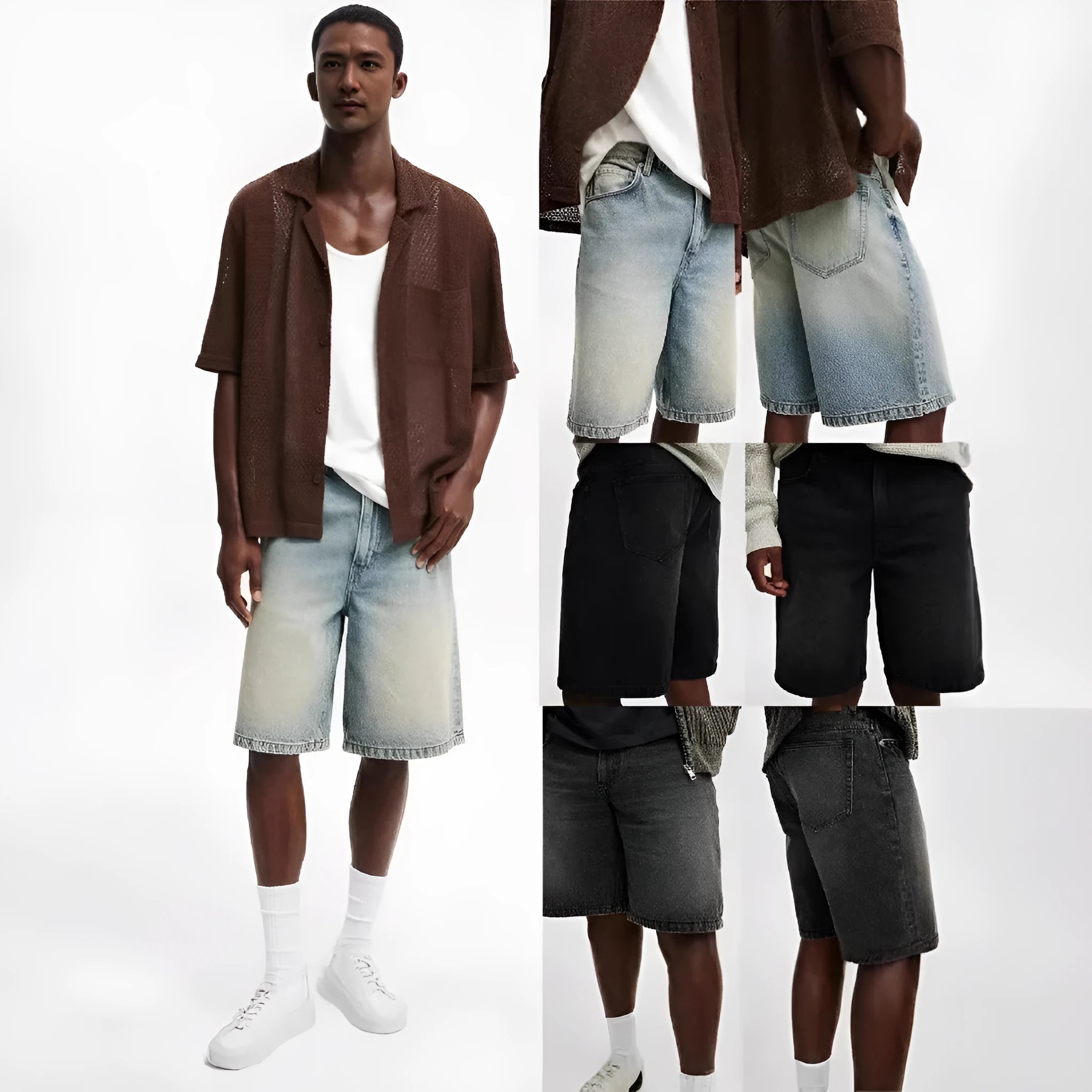 Men's loose straight-leg jeans in light blue denim on a neutral background