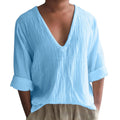 Men's solid colour long sleeve V-neck t-shirt in washed cotton linen fabric.