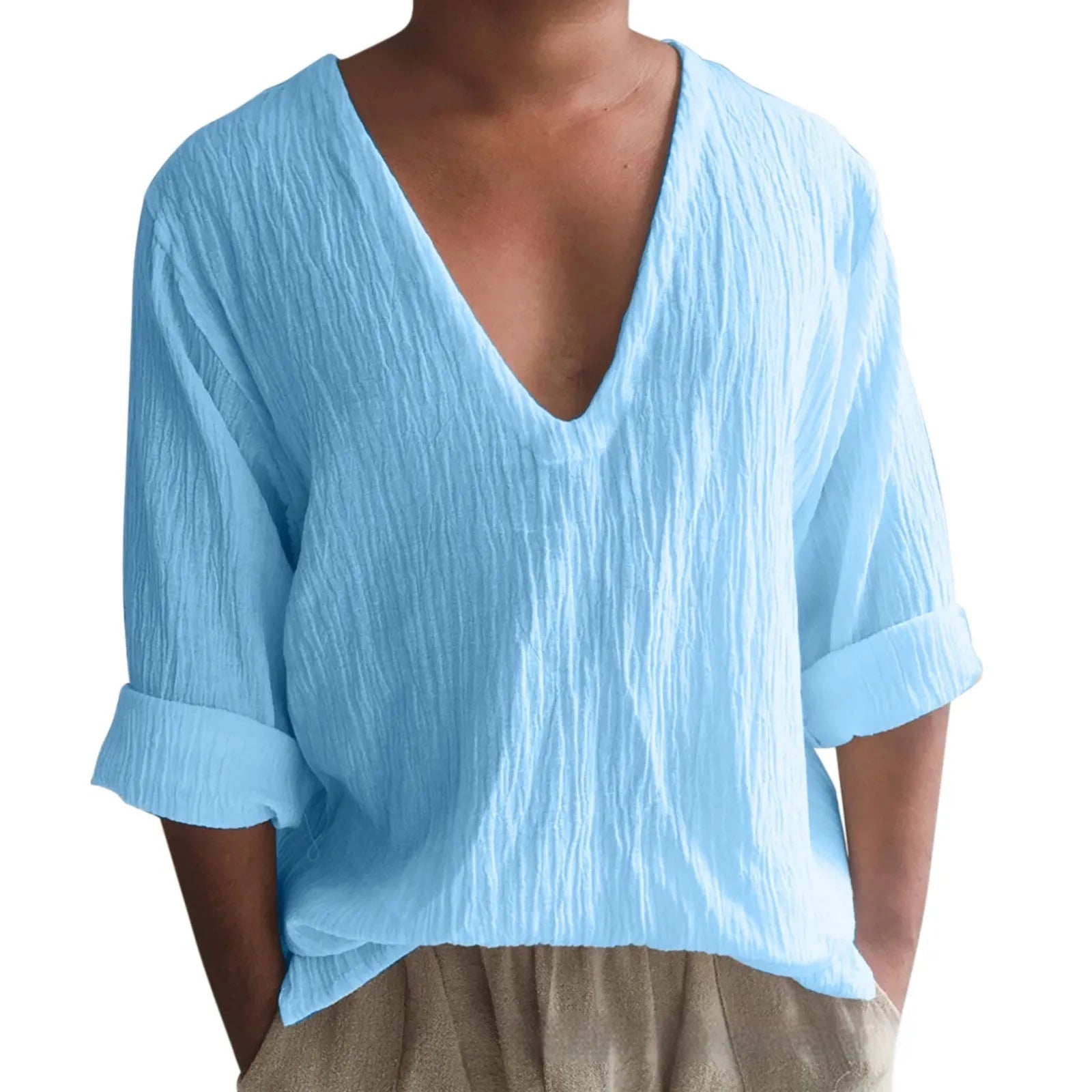 Men's solid colour long sleeve V-neck t-shirt in washed cotton linen fabric.