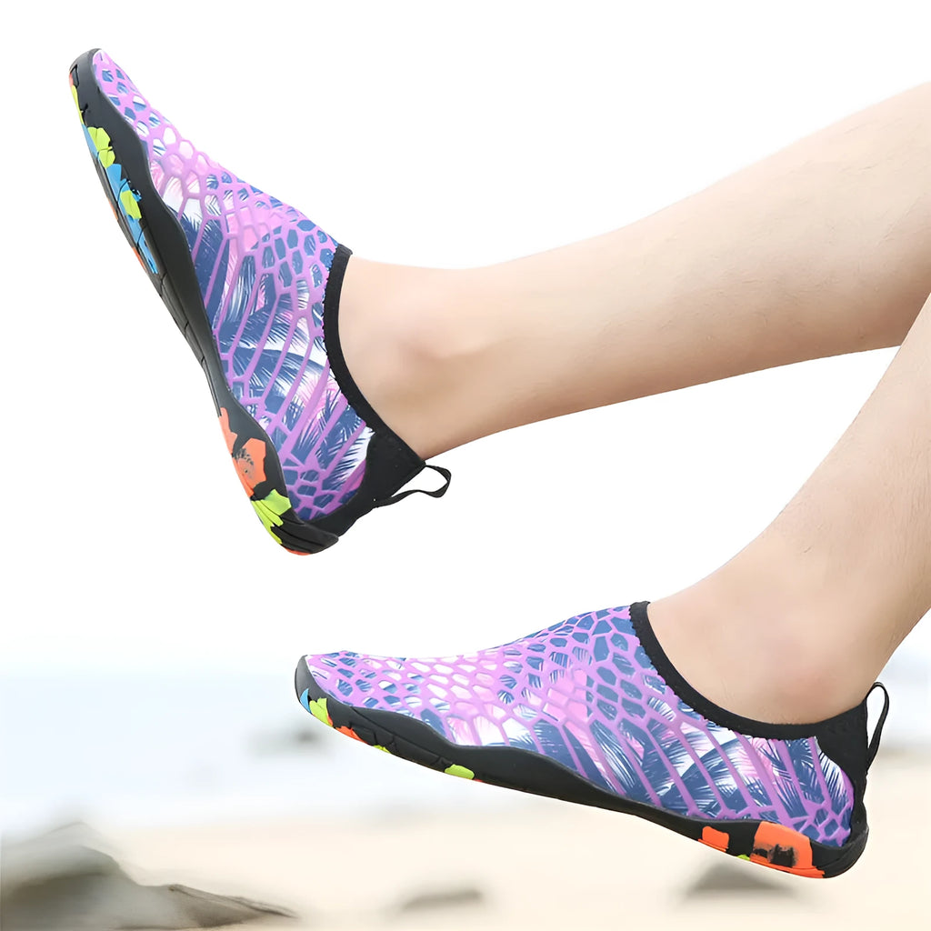 Blue Lycra beach wading shoes with elastic upper and lightweight EVA sole for swimming.
