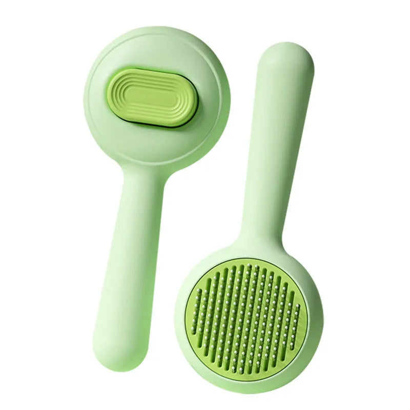 Green and yellow stainless steel pet grooming brushes with non-slip handles for cat and dog hair removal