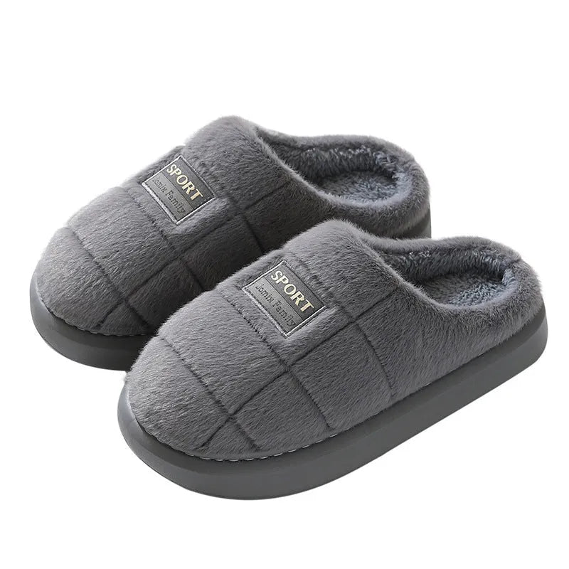 Men's grey and brown plaid winter slippers with thick rabbit hair upper and wool lining.