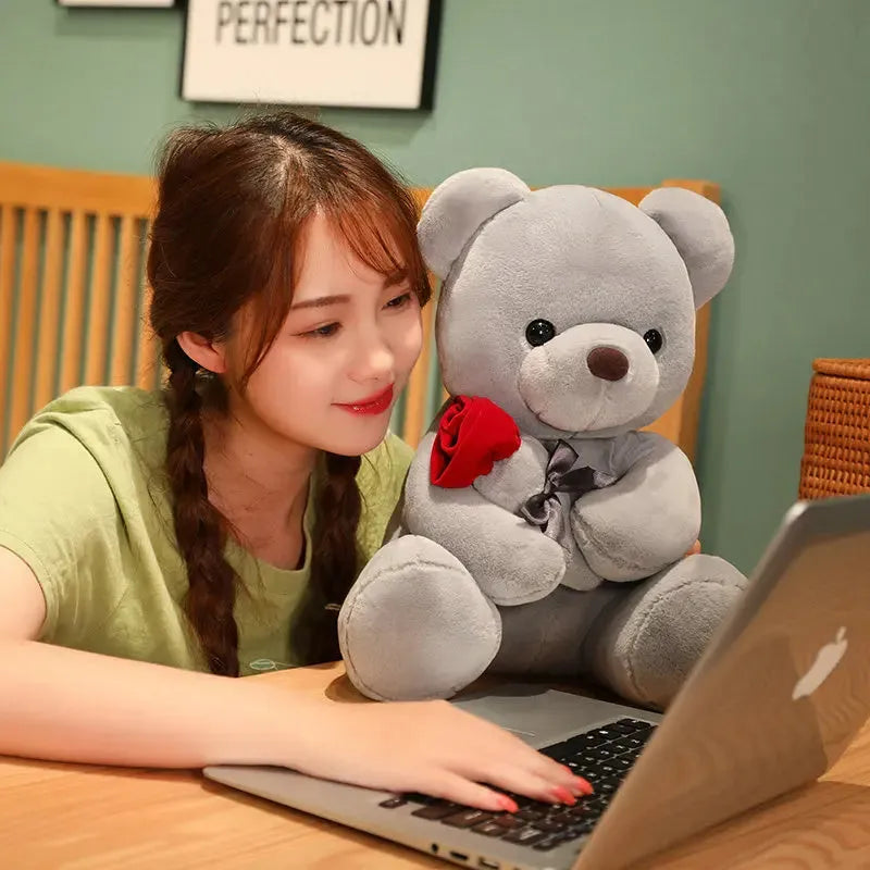 Rose print teddy bear plush doll in beige, brown, or grey, shown in various sizes.