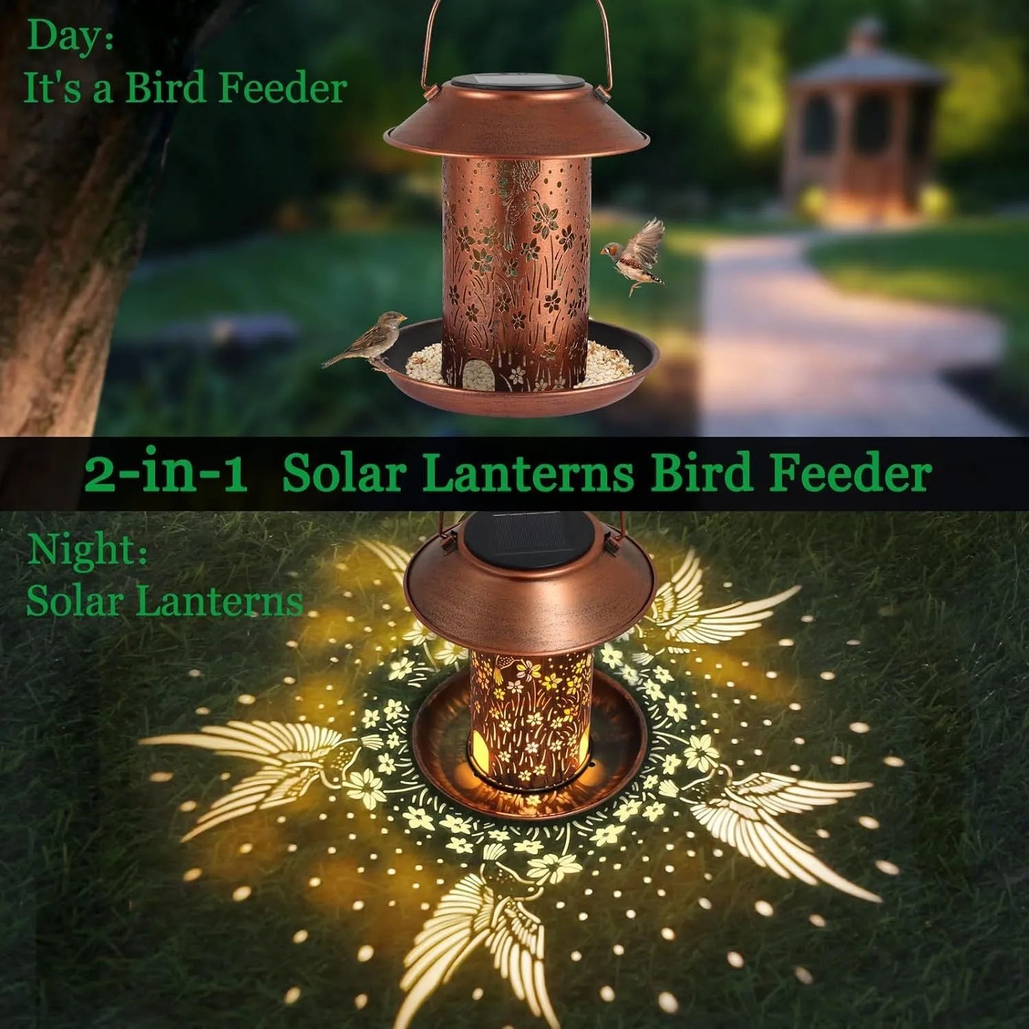 Solar-powered iron art hummingbird pattern garden lamp feeder with waterproof outdoor design