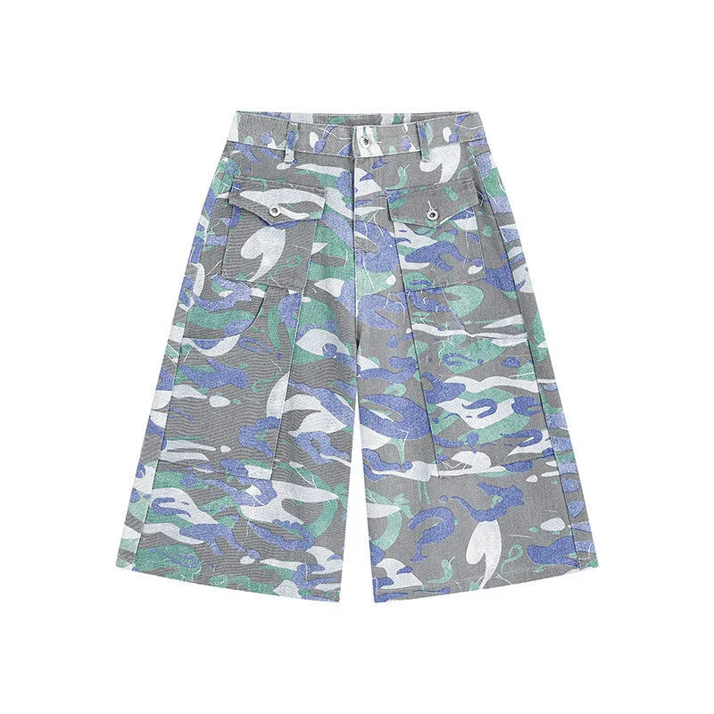 Camouflage cotton denim cropped trousers with straight leg cut and utility pockets