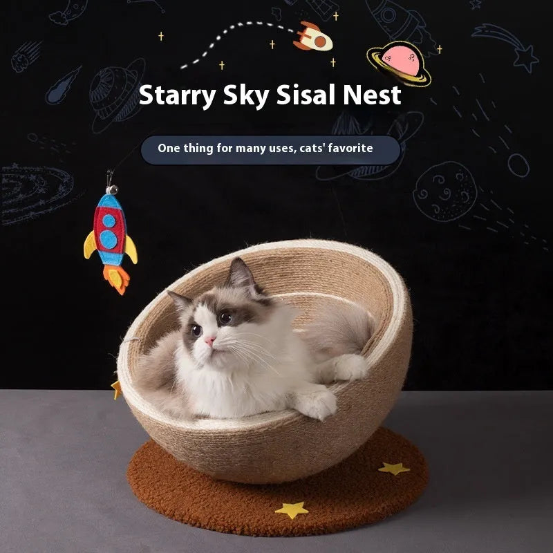 Large integrated cat scratching basin and nest with sisal surfaces and flannel sleeping area