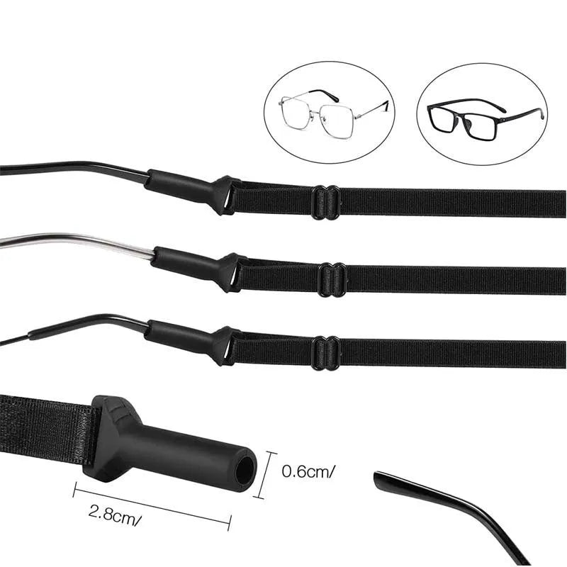 Black adjustable glasses cord with silicone earpiece ends shown on spectacles