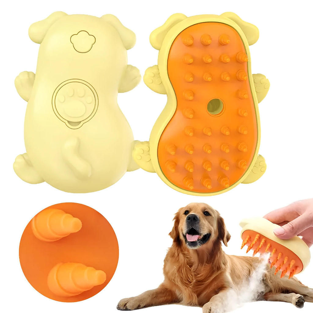 Steam-powered pet grooming brush with ergonomic handle for cats and dogs.