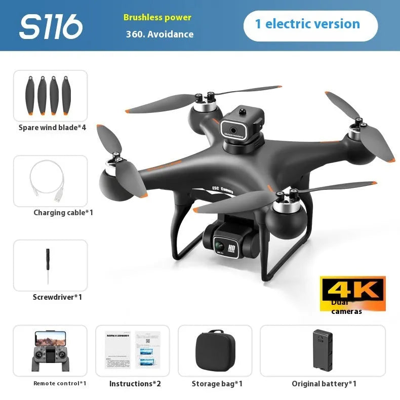 S116 brushless UAV drone with four-side obstacle avoidance and HD camera in black or white colour options