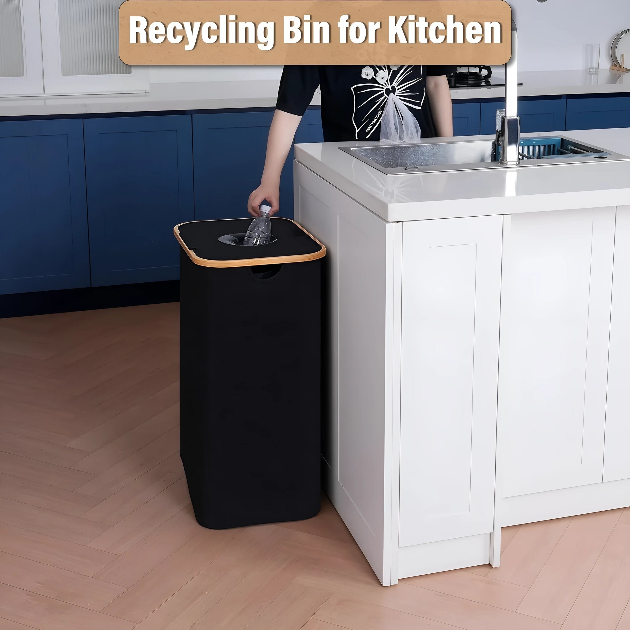 Black bamboo laundry basket with removable lid and bottle storage compartment