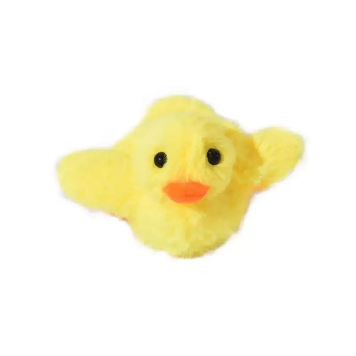 Yellow flapping duck cat plush toy with vibration sensor and USB charging cable on a neutral background.