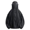 Black loose fit retro men's coat with a zip front, hood, and abstract pattern.