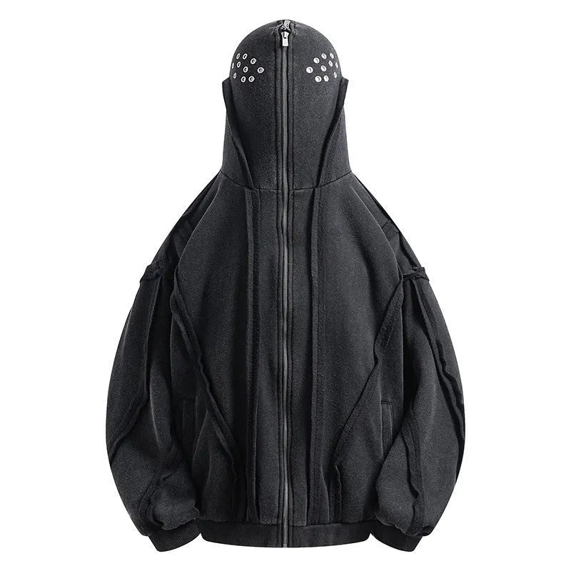 Black loose fit retro men's coat with a zip front, hood, and abstract pattern.