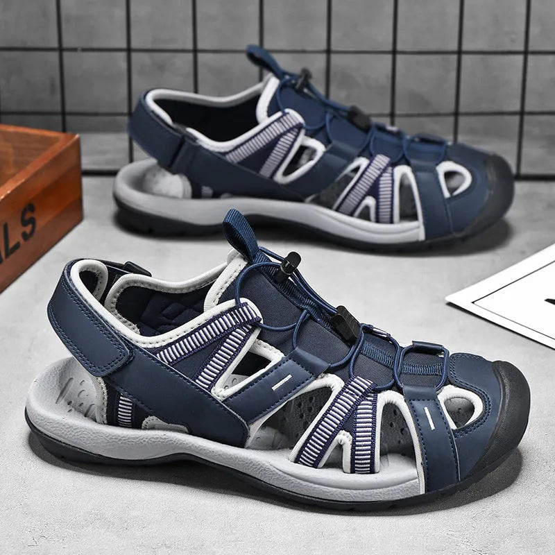 Men's blue and black summer casual shoes with mesh upper, rubber sole, and Velcro strap.
