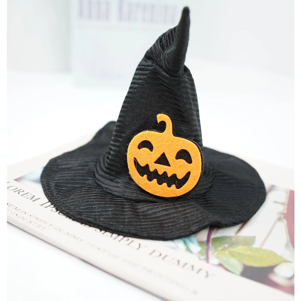 Black polyester Halloween pet hat, size M, 16.5cm diameter, 13.5cm height, pumpkin and bat designs