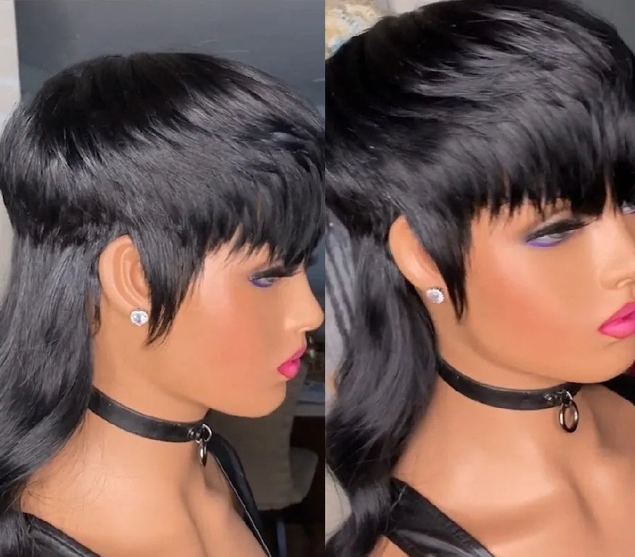 Black Brazilian style wig with short hair at the front and long hair at the back.