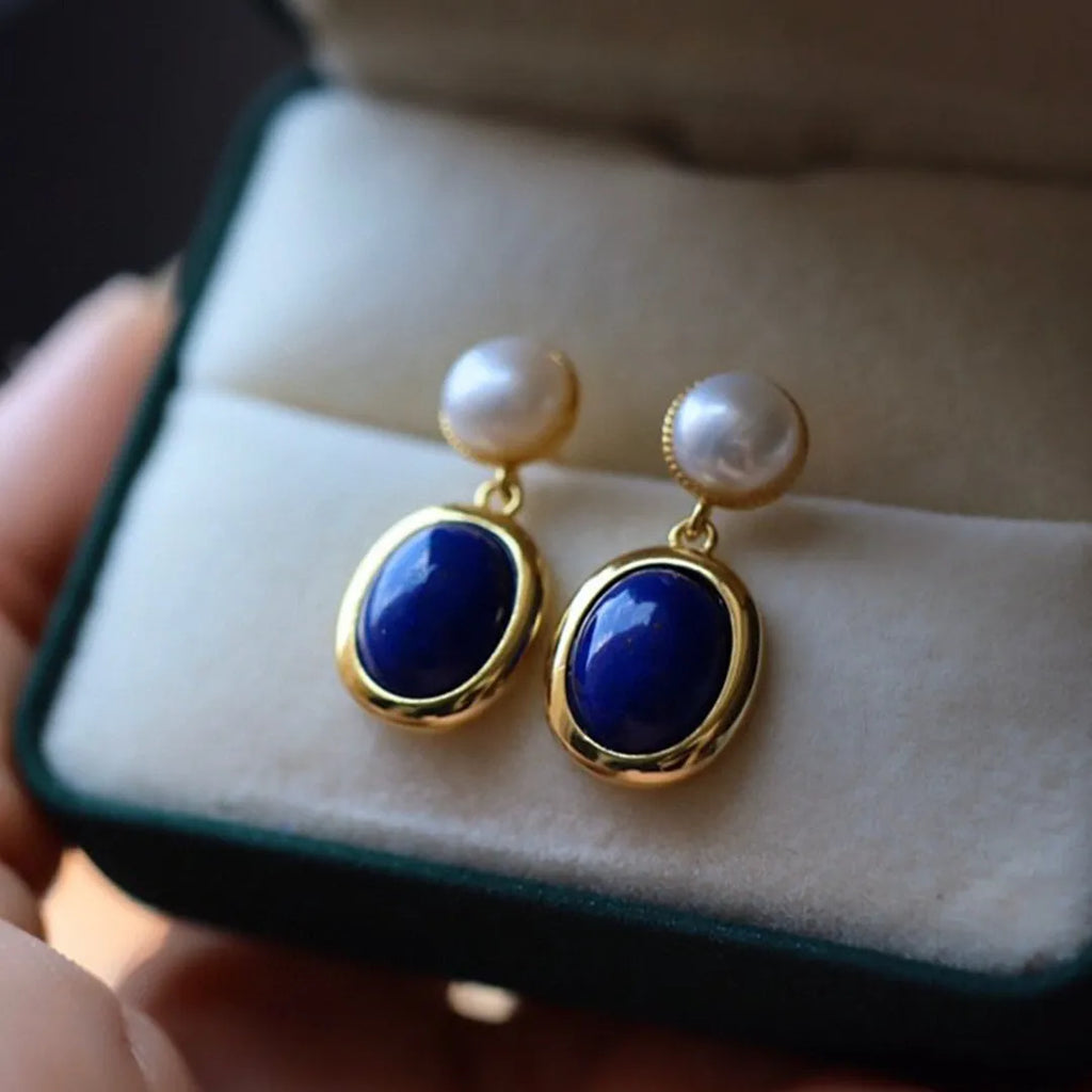 925 silver lapis lazuli pearl earrings with simple auspicious pattern design