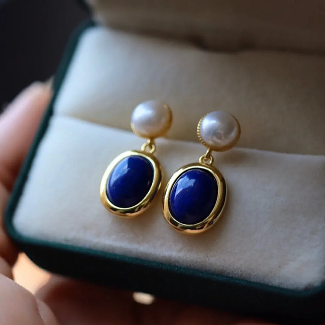 925 silver lapis lazuli pearl earrings with simple auspicious pattern design