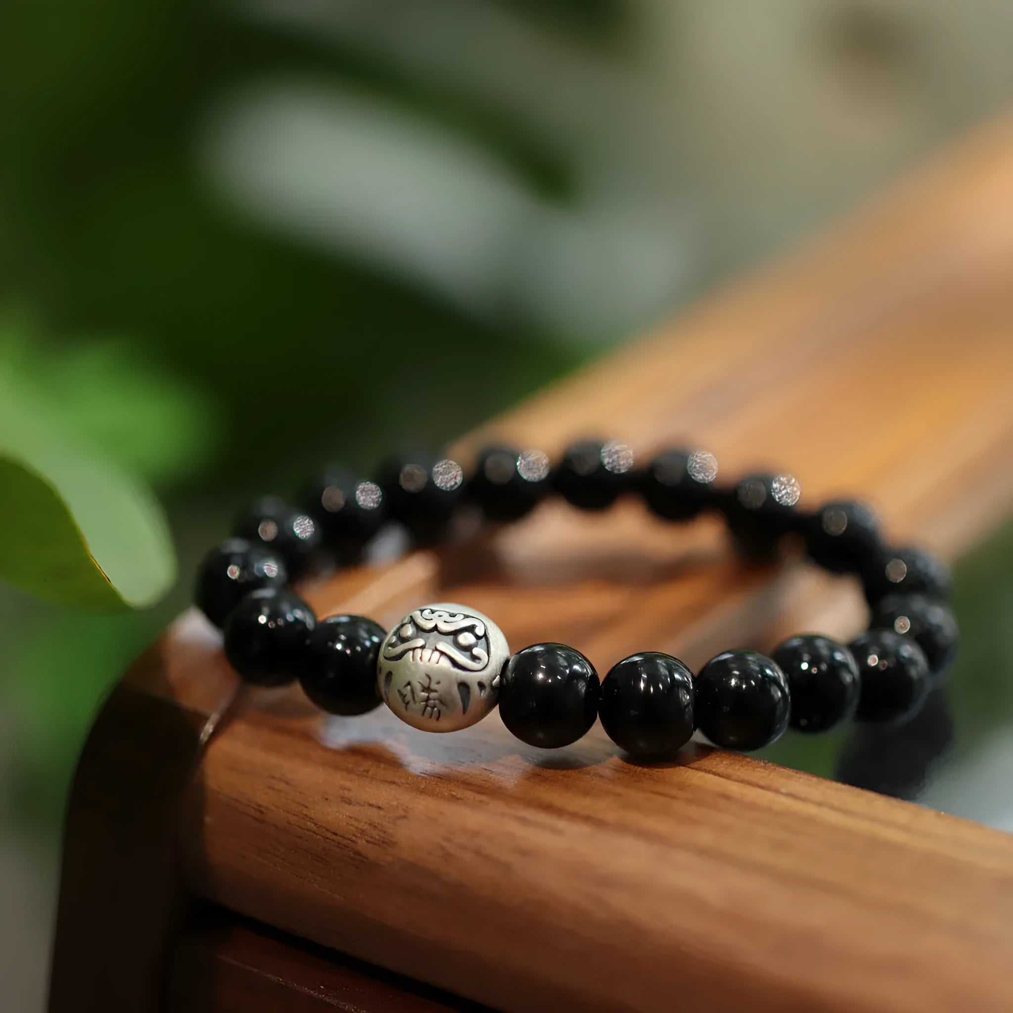 Black agate bracelet with sterling silver components in Chinese jewellery style