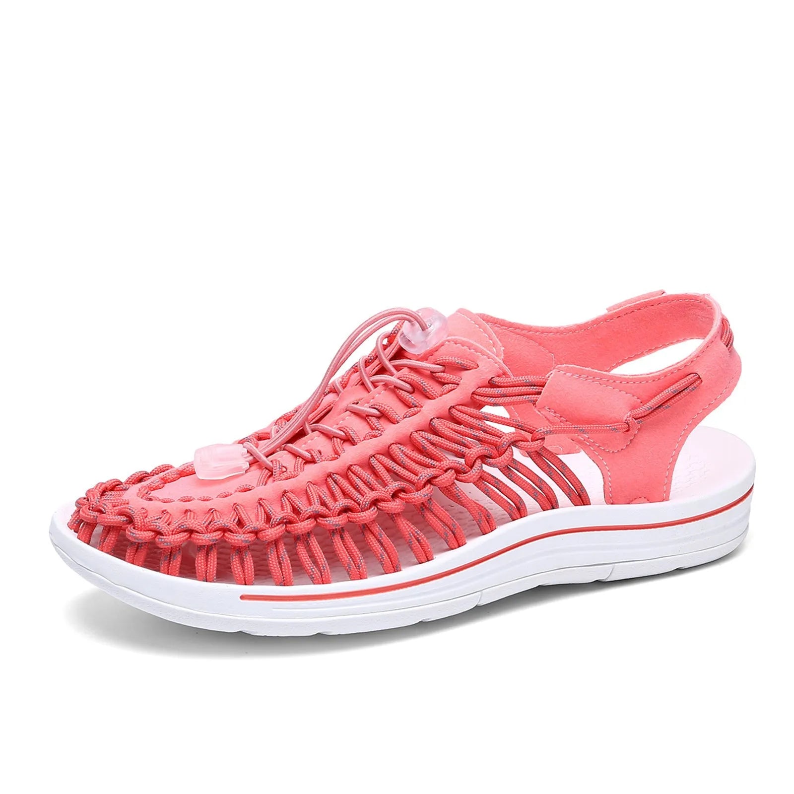 Woven Roman-style sandals with elastic drawstring tie and non-slip rubber sole