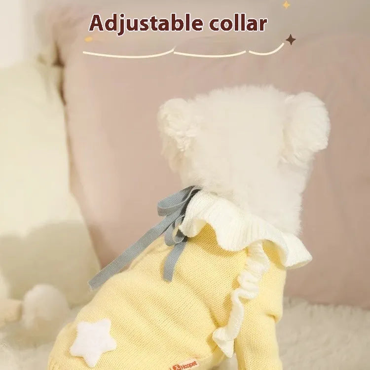 Autumn acrylic puppy sweater in yellow XINGX design with size chart showing measurements
