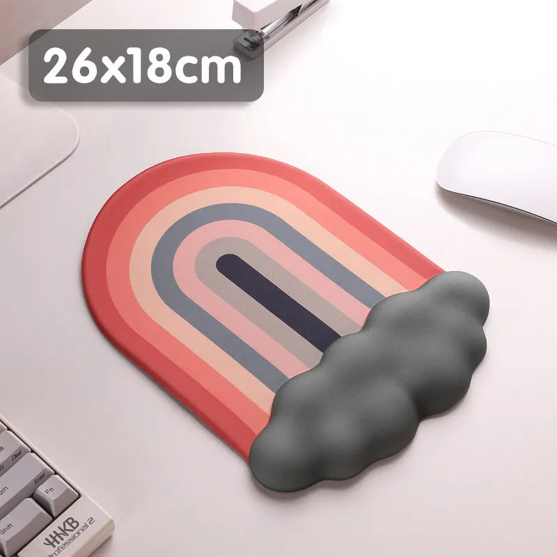 Silicone wrist rest mouse pad and matching keyboard support with cloud pattern design on desk