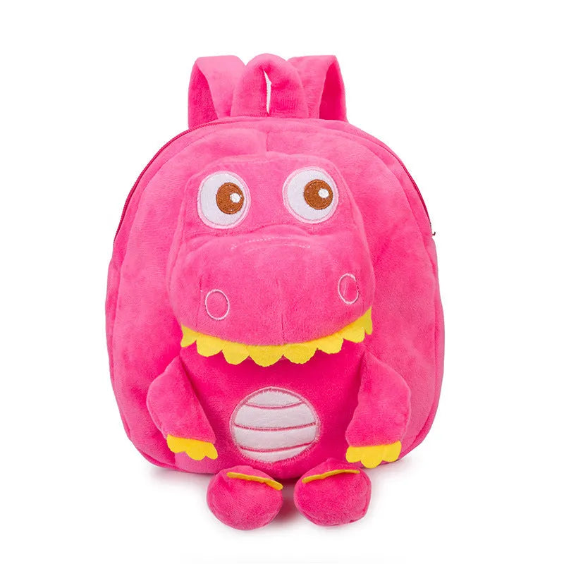 Soft plush dinosaur backpack for children with embroidery detailing and soft handle