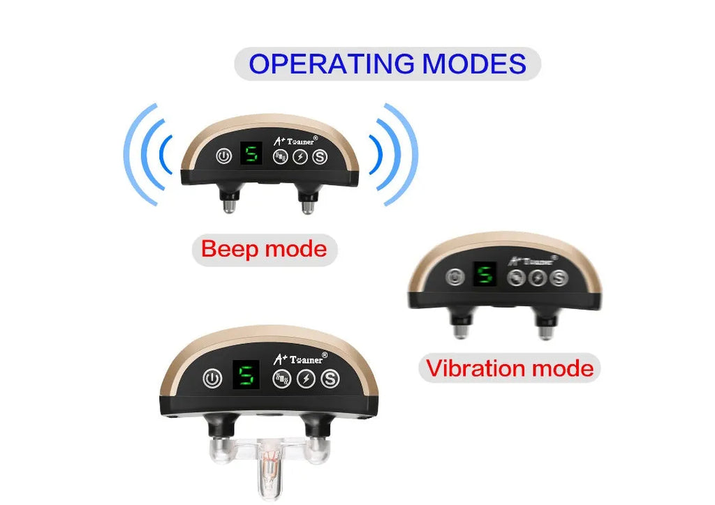 Digital display dog bark training collar with adjustable nylon strap in black, showing beep, vibration, and shock modes.